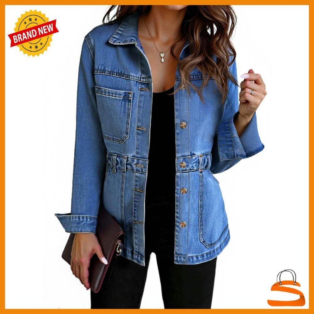Distressed Denim Jacket Women's Oversized Shacket Button Down with Pockets